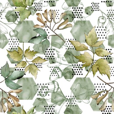 Yeşil akçaağaç yaprakları. Yaprak bitki botanik bahçe çiçek yaprakları. Sorunsuz arka plan deseni. Kumaş duvar kağıdı yazdırma doku. Aquarelle yaprak için arka plan, doku, sarıcı desen, çerçeve veya kenarlık.