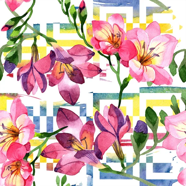 Aquarell Rosa Freesia Blume Blütenbotanische Blume Nahtlose Hintergrundmuster Textur Für — Stockfoto