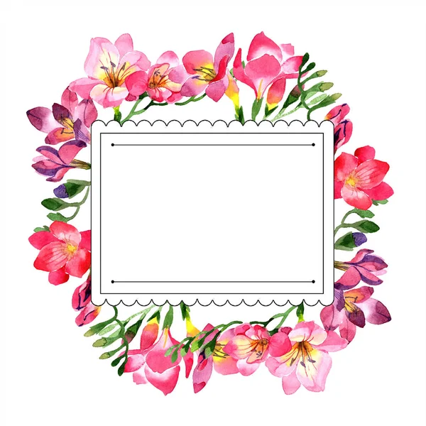 Aquarel Roze Freesia Bloem Floral Botanische Bloem Frame Grens Ornament — Stockfoto