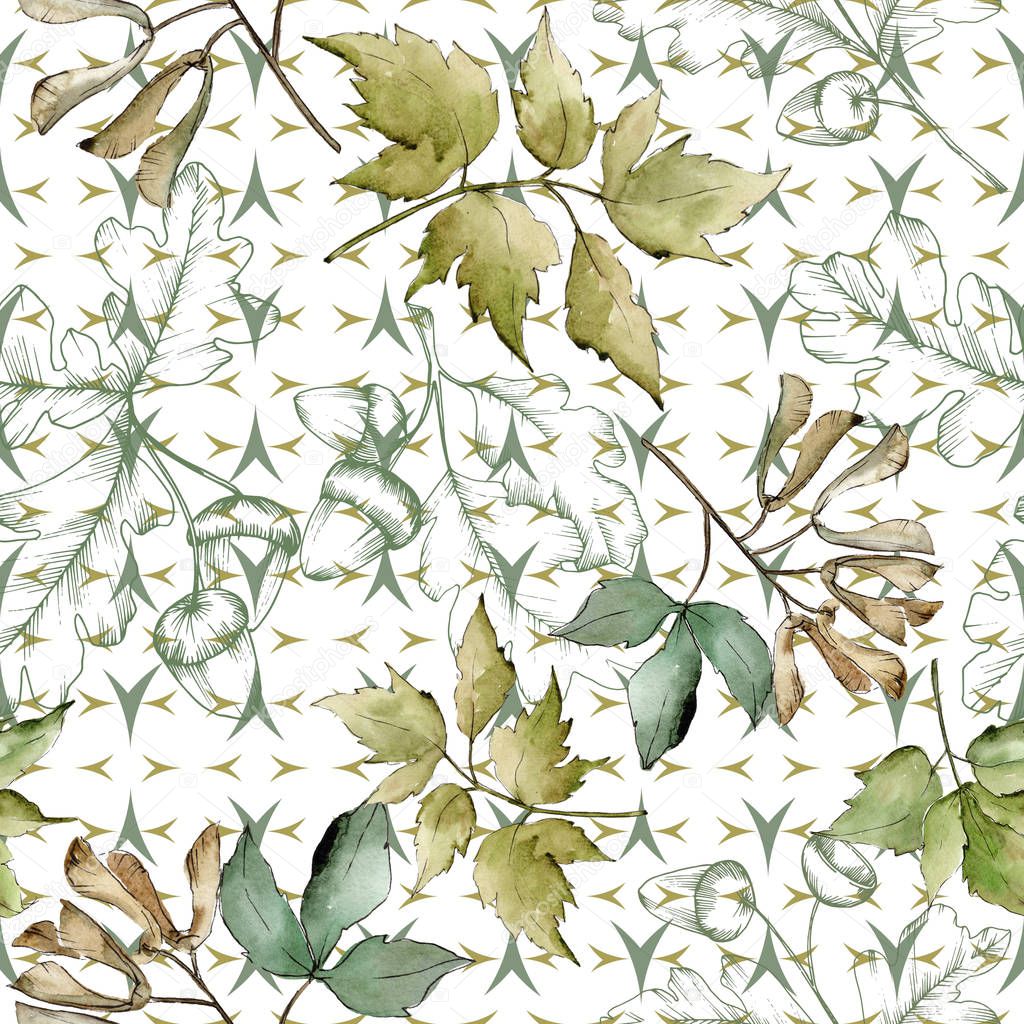 Green maple leaves. Leaf plant botanical garden floral foliage. Seamless background pattern. Fabric wallpaper print texture. Aquarelle leaf for background, texture, wrapper pattern, frame or border.