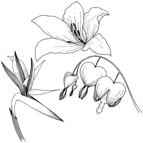 ベクター スタイルの南国の花 孤立した図の要素 テクスチャ ラッパー パターン 枠や図面枠のベクターの花 — ストックベクタ