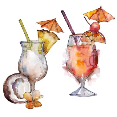 Beach bar parti kokteyl içki içer. Alkol cam hazır, restoran menü resimde. Aquarelle kokteyl içki resimde arka plan, doku, sarıcı desen, çerçeve veya kenarlık için.