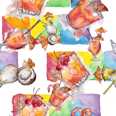 Beach bar parti kokteyl içki içer. Sorunsuz arka plan deseni. Alkol cam hazır, restoran menü resimde. Aquarelle kokteyl içki resimde arka plan, doku, sarıcı desen.