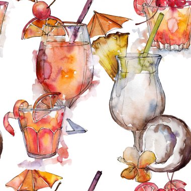 Beach bar parti kokteyl içki içer. Sorunsuz arka plan deseni. Alkol cam hazır, restoran menü resimde. Aquarelle kokteyl içki resimde arka plan, doku, sarıcı desen.