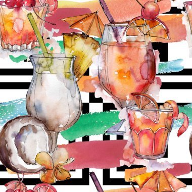 Beach bar parti kokteyl içki içer. Sorunsuz arka plan deseni. Alkol cam hazır, restoran menü resimde. Aquarelle kokteyl içki resimde arka plan, doku, sarıcı desen.