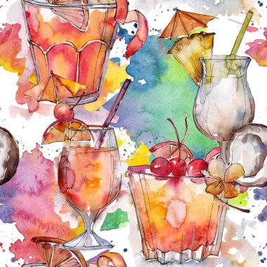 Beach bar parti kokteyl içki içer. Sorunsuz arka plan deseni. Alkol cam hazır, restoran menü resimde. Aquarelle kokteyl içki resimde arka plan, doku, sarıcı desen.
