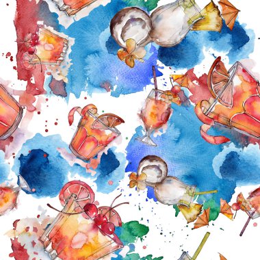 Beach bar parti kokteyl içki içer. Sorunsuz arka plan deseni. Alkol cam hazır, restoran menü resimde. Aquarelle kokteyl içki resimde arka plan, doku, sarıcı desen.