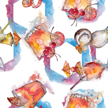 Beach bar parti kokteyl içki içer. Sorunsuz arka plan deseni. Alkol cam hazır, restoran menü resimde. Aquarelle kokteyl içki resimde arka plan, doku, sarıcı desen.