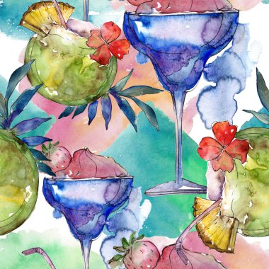 Tropikal parti kokteyl içki bar. Restoran menü illüstrasyon. Sorunsuz arka plan deseni. Tropikal izole simgesi kroki çizim. Aquarelle kokteyl içki resimde arka plan, doku için.