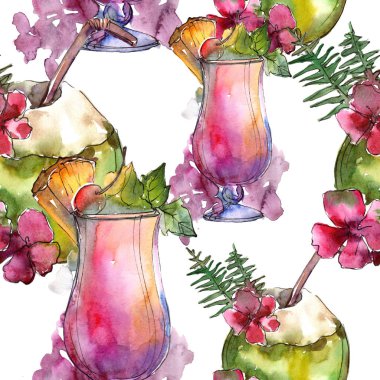 Tropikal parti kokteyl içki bar. Restoran menü illüstrasyon. Sorunsuz arka plan deseni. Tropikal izole simgesi kroki çizim. Aquarelle kokteyl içki resimde arka plan, doku için.