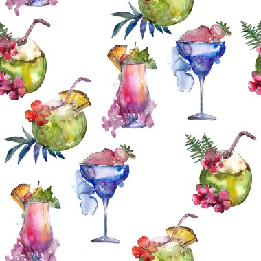 Tropikal parti kokteyl içki bar. Restoran menü illüstrasyon. Sorunsuz arka plan deseni. Tropikal izole simgesi kroki çizim. Aquarelle kokteyl içki resimde arka plan, doku için.