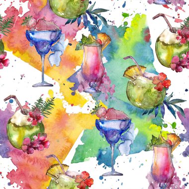 Tropikal parti kokteyl içki bar. Restoran menü illüstrasyon. Sorunsuz arka plan deseni. Tropikal izole simgesi kroki çizim. Aquarelle kokteyl içki resimde arka plan, doku için.