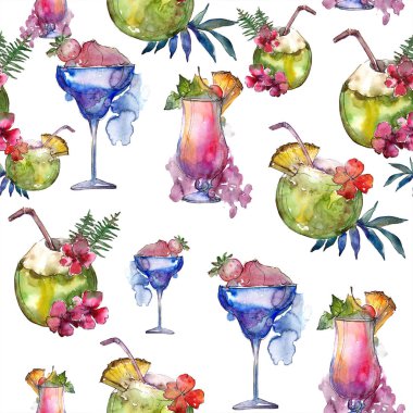 Tropikal parti kokteyl içki bar. Restoran menü illüstrasyon. Sorunsuz arka plan deseni. Tropikal izole simgesi kroki çizim. Aquarelle kokteyl içki resimde arka plan, doku için.