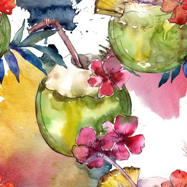 Tropikal parti kokteyl içki bar. Restoran menü illüstrasyon. Sorunsuz arka plan deseni. Tropikal izole simgesi kroki çizim. Aquarelle kokteyl içki resimde arka plan, doku için.