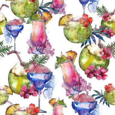 Tropikal parti kokteyl içki bar. Restoran menü illüstrasyon. Sorunsuz arka plan deseni. Tropikal izole simgesi kroki çizim. Aquarelle kokteyl içki resimde arka plan, doku için.