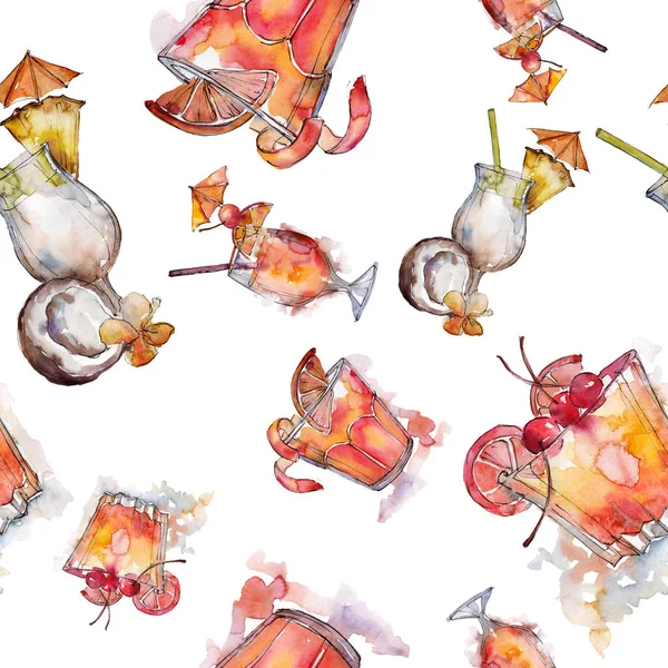 Beach drinks bar party cocktail drink. Seamless background pattern. Alcohol in glass set, restaurant menu illustration. Aquarelle cocktail drink illustration for background, texture, wrapper pattern.