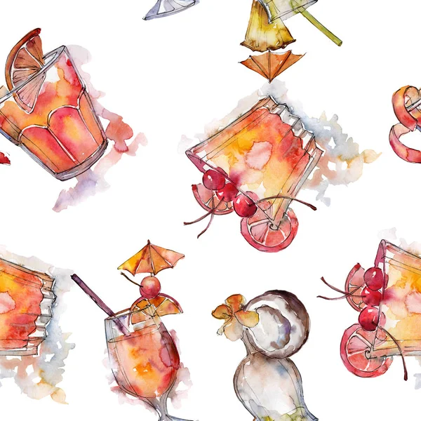 Beach drinks bar party cocktail drink. Seamless background pattern. Alcohol in glass set, restaurant menu illustration. Aquarelle cocktail drink illustration for background, texture, wrapper pattern.