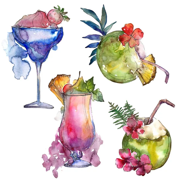 Tropical bar party cocktail drink. Alcohol in glass set, restaurant menu illustration.Tropical isolated icon sketch drawing. Aquarelle cocktail drink illustration for background, texture.