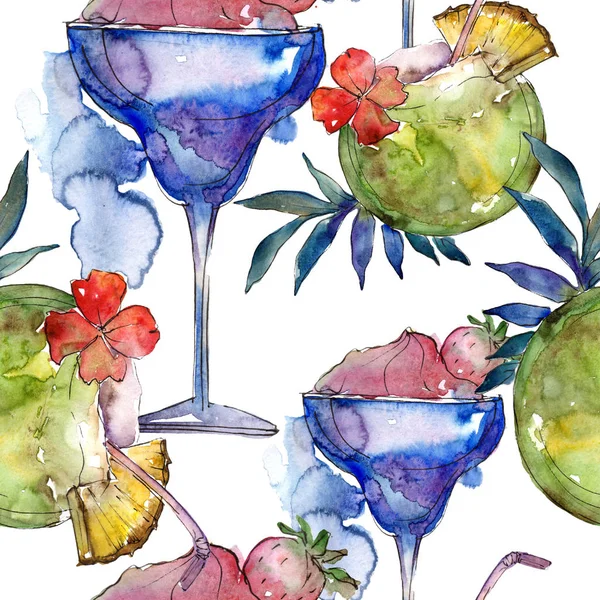 Tropical bar party cocktail drink. Restaurant menu illustration. Seamless background pattern. Tropical isolated icon sketch drawing. Aquarelle cocktail drink illustration for background, texture.