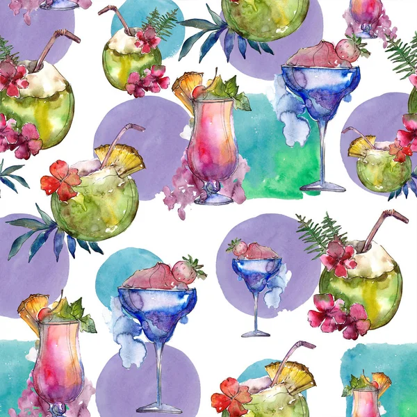 Tropical bar party cocktail drink. Restaurant menu illustration. Seamless background pattern. Tropical isolated icon sketch drawing. Aquarelle cocktail drink illustration for background, texture.