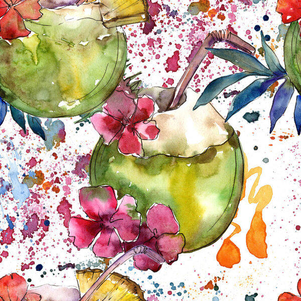 Тропический коктейль в баре. Иллюстрация меню ресторана. Бесшовный рисунок фона. Тропический изолированный рисунок иконки. Иллюстрация коктейля Aquarelle для фона, текстуры
.