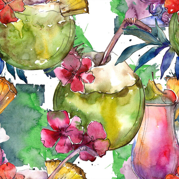 Тропический коктейль в баре. Иллюстрация меню ресторана. Бесшовный рисунок фона. Тропический изолированный рисунок иконки. Иллюстрация коктейля Aquarelle для фона, текстуры
.