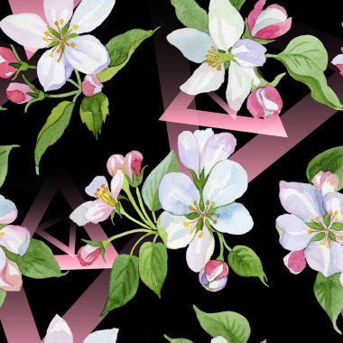 Suluboya elma çiçeği çiçek. Botanik çiçek. Sorunsuz arka plan deseni. Kumaş duvar kağıdı yazdırma doku. Arka plan, doku, sarıcı desen, çerçeve veya kenarlık için Aquarelle kır çiçeği.