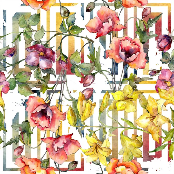 Ακουαρέλα Πολύχρωμο Μπουκέτο Παπαρούνες Λουλούδι Floral Βοτανικό Λουλούδι Απρόσκοπτη Υπόβαθρο — Φωτογραφία Αρχείου