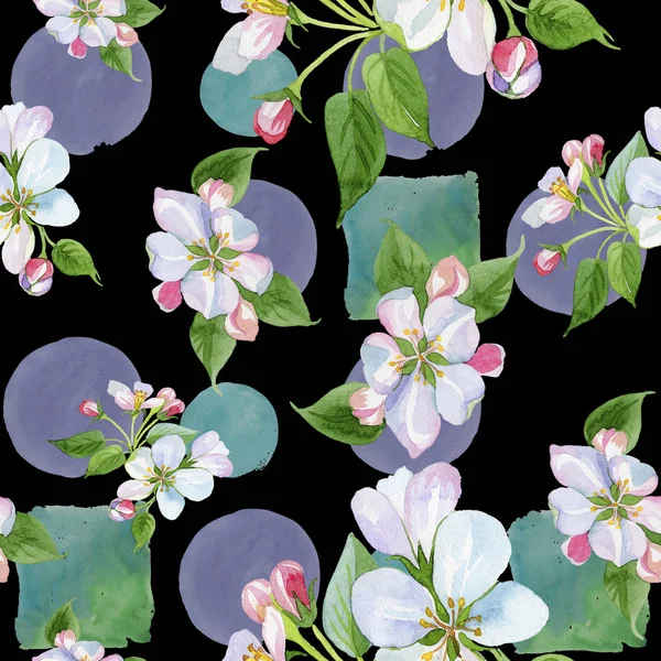 Watercolor apple blossom flower. Floral botanical flower. Seamless background pattern. Fabric wallpaper print texture. Aquarelle wildflower for background, texture, wrapper pattern, frame or border.