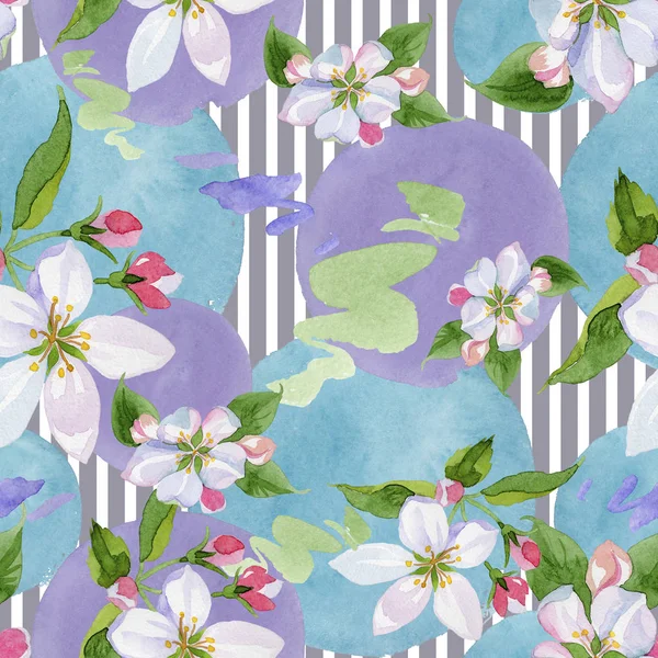 Watercolor apple blossom flower. Floral botanical flower. Seamless background pattern. Fabric wallpaper print texture. Aquarelle wildflower for background, texture, wrapper pattern, frame or border.