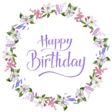 Suluboya elma çiçeği çiçek. Botanik çiçek. Çerçeve kenarlığı süsleme Meydanı.