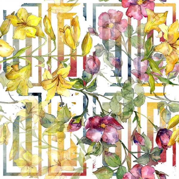 Akvarelu barevné kytice květů máků. Květinové botanické květin. Vzor bezešvé pozadí. — Stock fotografie