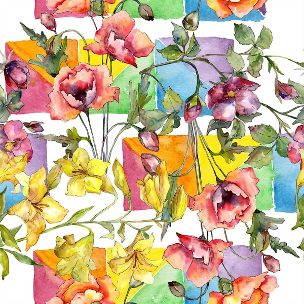 Acuarela colorido ramo de flores de amapolas. Flor botánica floral. Patrón de fondo sin costuras . — Foto de Stock