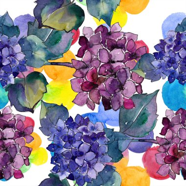 Suluboya mavi ve mor gortenzia çiçekler. Botanik çiçek. Sorunsuz arka plan deseni.