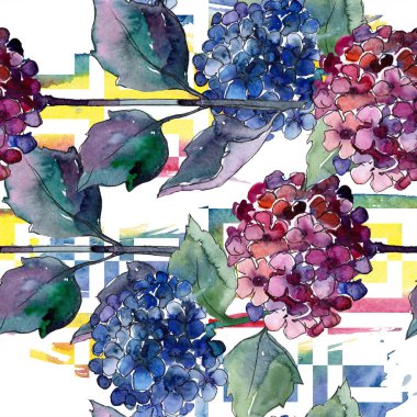 Suluboya mavi ve mor gortenzia çiçekler. Botanik çiçek. Sorunsuz arka plan deseni.