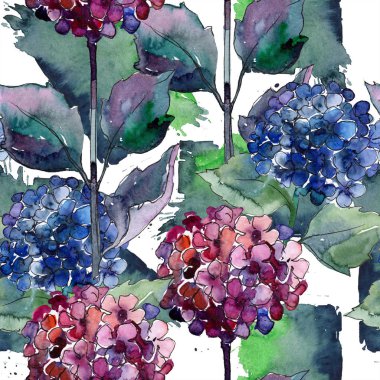 Suluboya mavi ve mor gortenzia çiçekler. Botanik çiçek. Sorunsuz arka plan deseni.