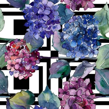 Suluboya mavi ve mor gortenzia çiçekler. Botanik çiçek. Sorunsuz arka plan deseni.