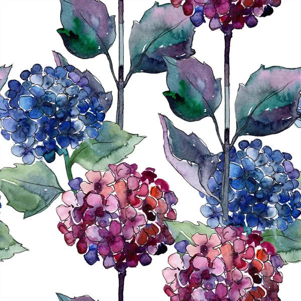 Acuarela azul y violeta flores gortenzia. Flor botánica floral. Patrón de fondo sin costuras . — Foto de Stock