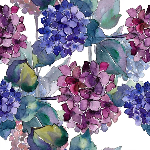 Acuarela azul y violeta flores gortenzia. Flor botánica floral. Patrón de fondo sin costuras . — Foto de Stock