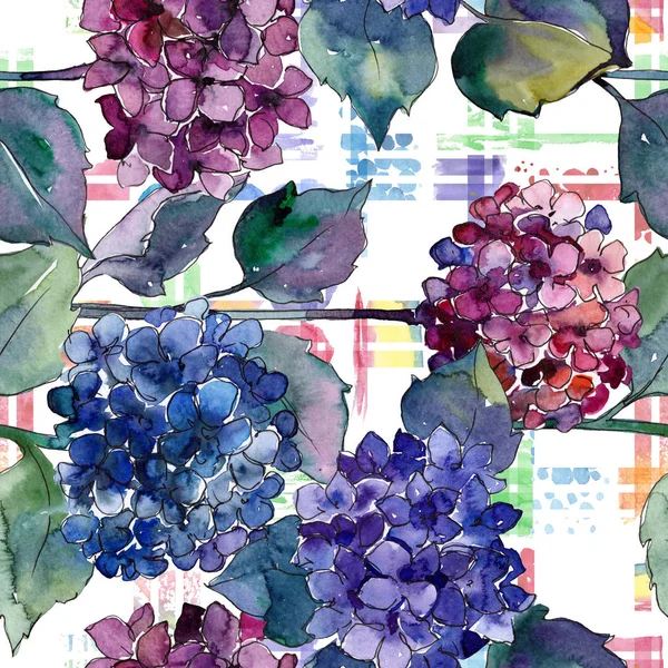 Watercolor blue and violet gortenzia flowers. Floral botanical flower. Seamless background pattern. — Stock Photo, Image