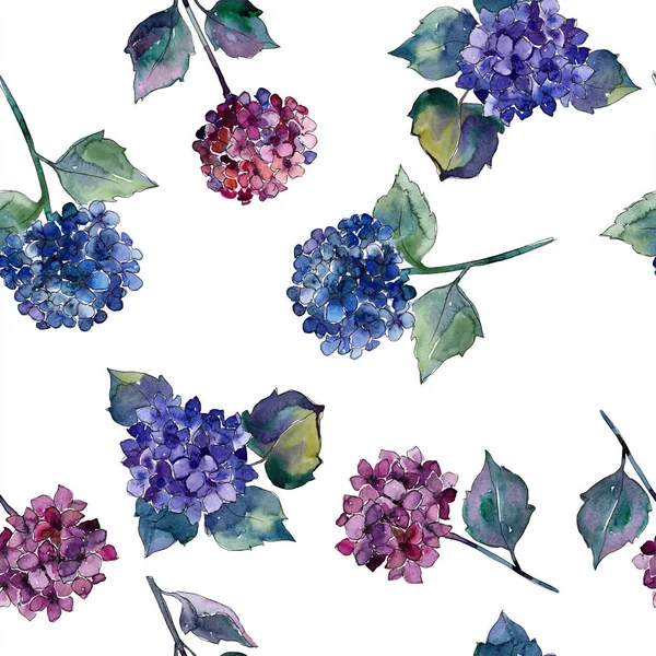 Watercolor blue and violet gortenzia flowers. Floral botanical flower. Seamless background pattern. — Stock Photo, Image