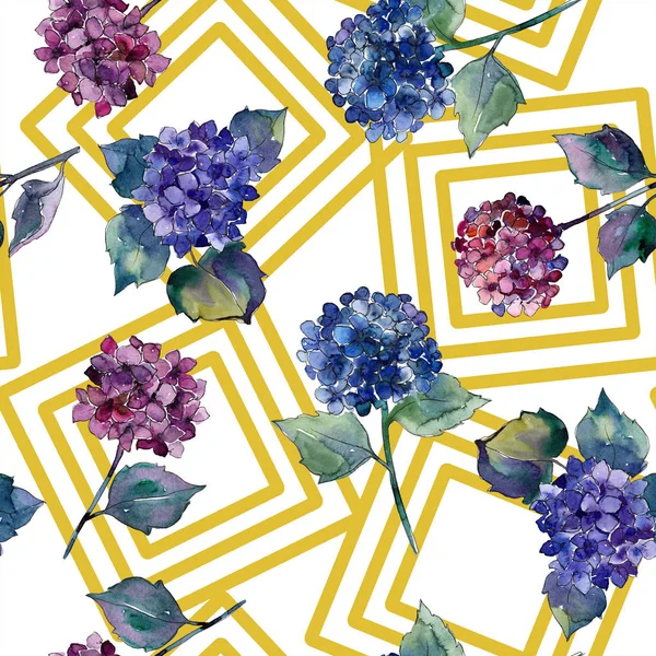 Watercolor blue and violet gortenzia flowers. Floral botanical flower. Seamless background pattern.