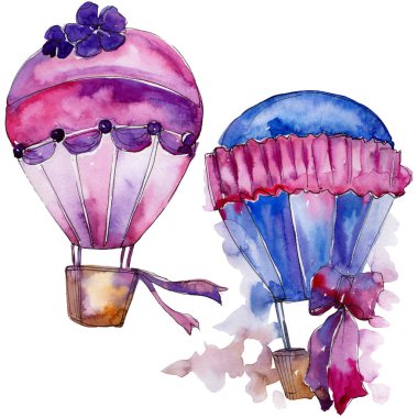 Mor ve mavi sıcak hava balon arka plan fly hava taşıma illüstrasyon. İzole illüstrasyon öğesi. Aquarelle balon için arka plan, doku, sarıcı desen, çerçeve veya kenarlık.