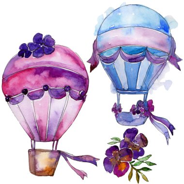 Mor ve mavi sıcak hava balon arka plan fly hava taşıma illüstrasyon. İzole illüstrasyon öğesi. Aquarelle balon için arka plan, doku, sarıcı desen, çerçeve veya kenarlık.