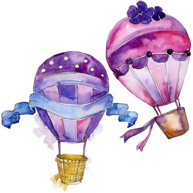 Mor ve mavi sıcak hava balon arka plan fly hava taşıma illüstrasyon. İzole illüstrasyon öğesi. Aquarelle balon için arka plan, doku, sarıcı desen, çerçeve veya kenarlık.