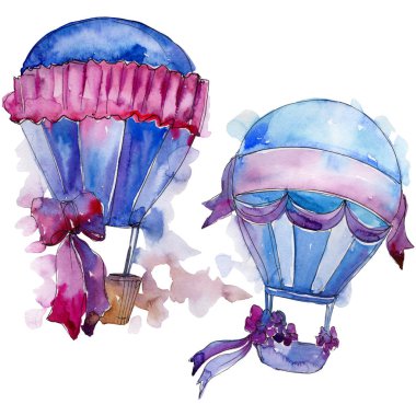 Mor ve mavi sıcak hava balon arka plan fly hava taşıma illüstrasyon. İzole illüstrasyon öğesi. Aquarelle balon için arka plan, doku, sarıcı desen, çerçeve veya kenarlık.