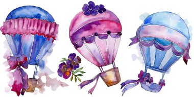 Mor ve mavi sıcak hava balon arka plan fly hava taşıma illüstrasyon. İzole illüstrasyon öğesi. Aquarelle balon için arka plan, doku, sarıcı desen, çerçeve veya kenarlık.