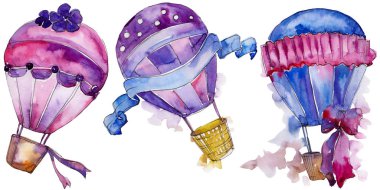 Mor ve mavi sıcak hava balon arka plan fly hava taşıma illüstrasyon. İzole illüstrasyon öğesi. Aquarelle balon için arka plan, doku, sarıcı desen, çerçeve veya kenarlık.