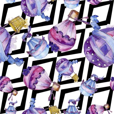 Mor ve mavi sıcak hava balon arka plan fly hava taşıma illüstrasyon. Sorunsuz arka plan deseni. Kumaş duvar kağıdı yazdırma doku. Aquarelle balon arka plan, doku, wrappern için.