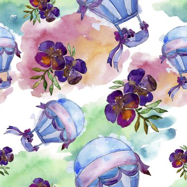 Mor ve mavi sıcak hava balon arka plan fly hava taşıma illüstrasyon. Sorunsuz arka plan deseni. Kumaş duvar kağıdı yazdırma doku. Aquarelle balon arka plan, doku, wrappern için.